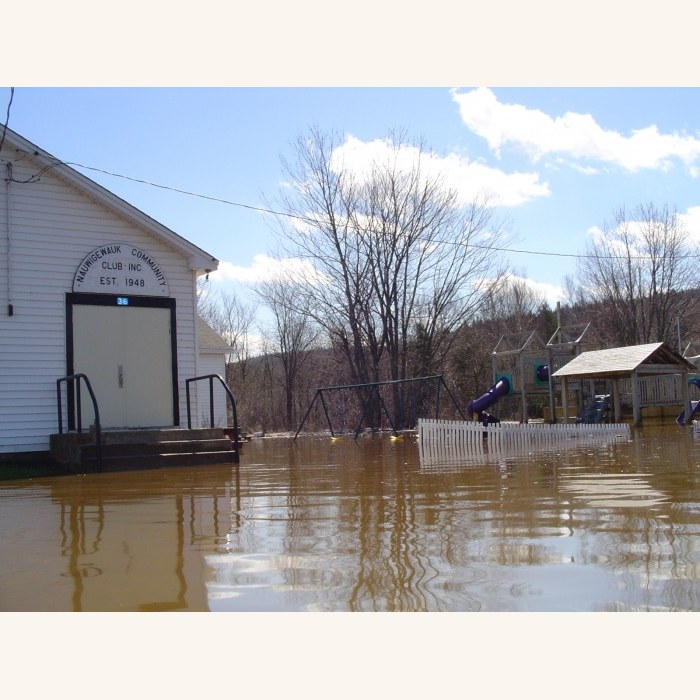 Flooded grounds around the old hall and playground