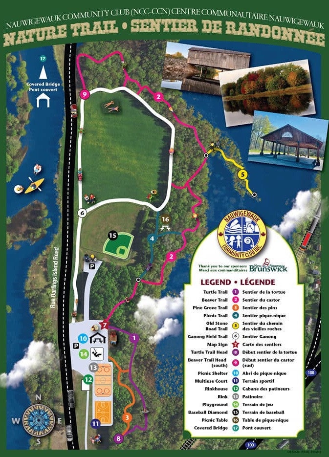 Nauwigewauk Community Club Nature Trail map showing all six trails and grounds facilities